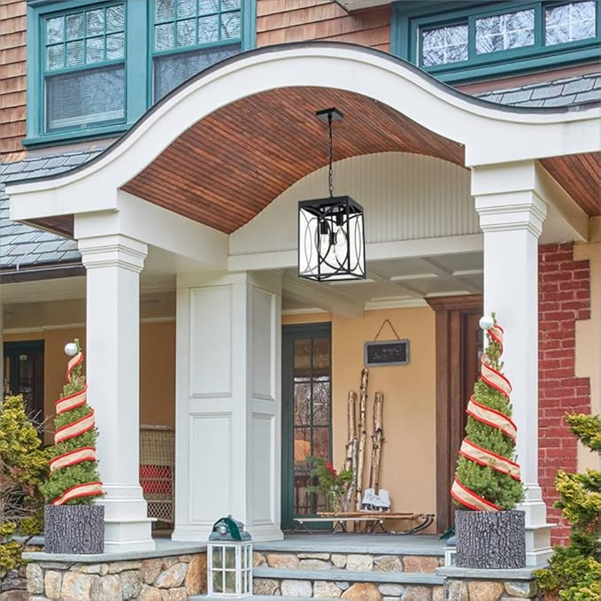Outdoor Pendant Light Fixture 3-Light Black Large Exterior Hanging Lantern with Clear Glass Metal Outdoor Chandelier Porch Lighting for Front Porch Entrance