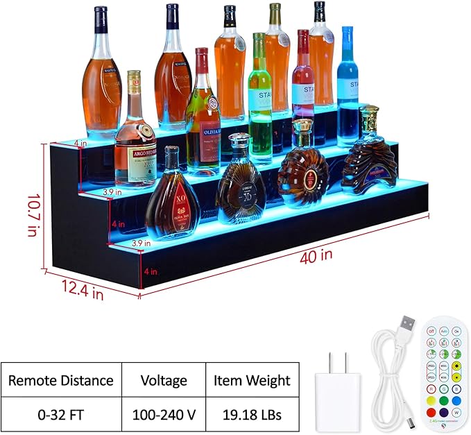 LED Lighted Wine Racks Countertop Wine Bottle Holder Liquor Bottle Display Shelf 3-Tier 40 Inch Acrylic Whiskey Rack with Remote &amp App Control USB Powered for Home Bar &amp Commercial Use