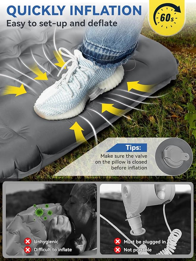 Camping Sleeping Pad Ultra-Thick 5.1 Camping Mat with Pillow Built-in Foot Pump Inflatable Sleeping Pads Compact for Camping Backpacking Hiking