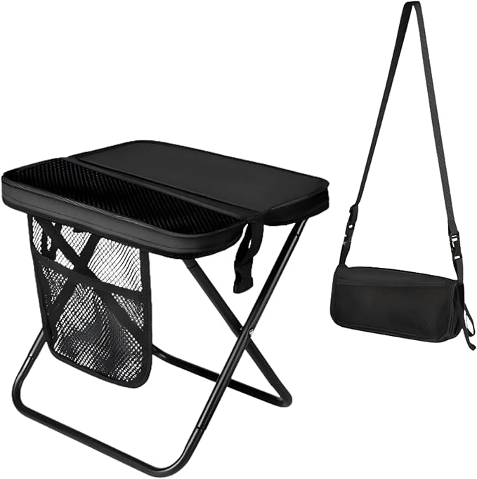 Portable Collapsible Stool - Folding Chair with Storage Pouch Convertible Satchel for Hands-Free Carry &amp Supports 265Lbs Ultralight for Hiking Fishing Camping Festivals (Black)