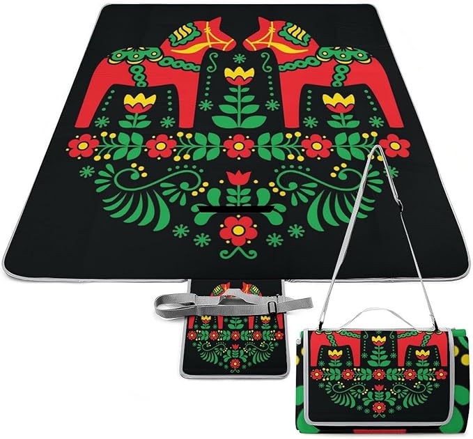 Swedish Dala Horse Folk Seamless Pattern Waterproof Outdoor Picnic Blanket Sandproof Beach Mat for Camping Hiking Grass Travelling
