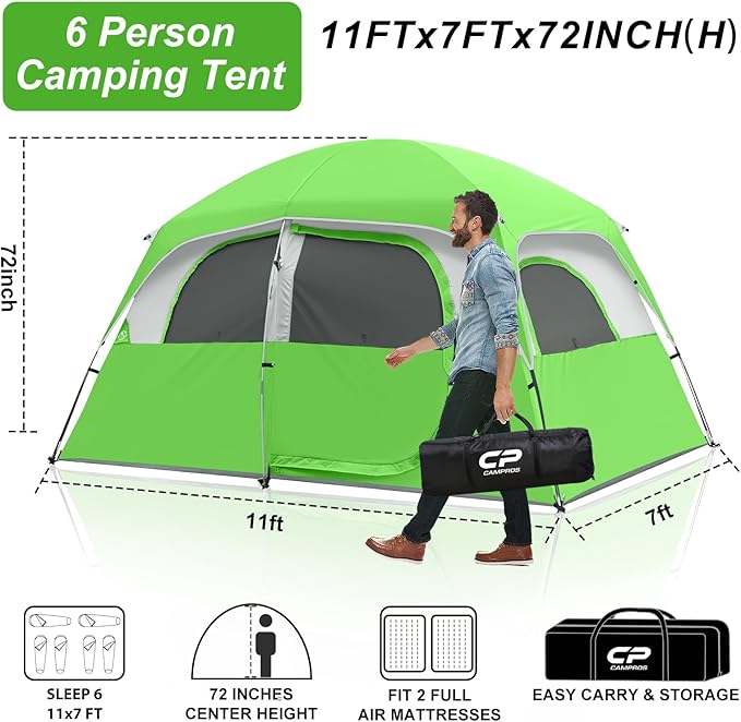 CAMPROS CP Upgraded 6/8 Person Camping Tents Waterproof Windproof Family Tent with Larger Mesh Windows &amp Door Double Layer Easy Set Up All-Season Dome Tent with Top Rainfly &amp Carry Bag