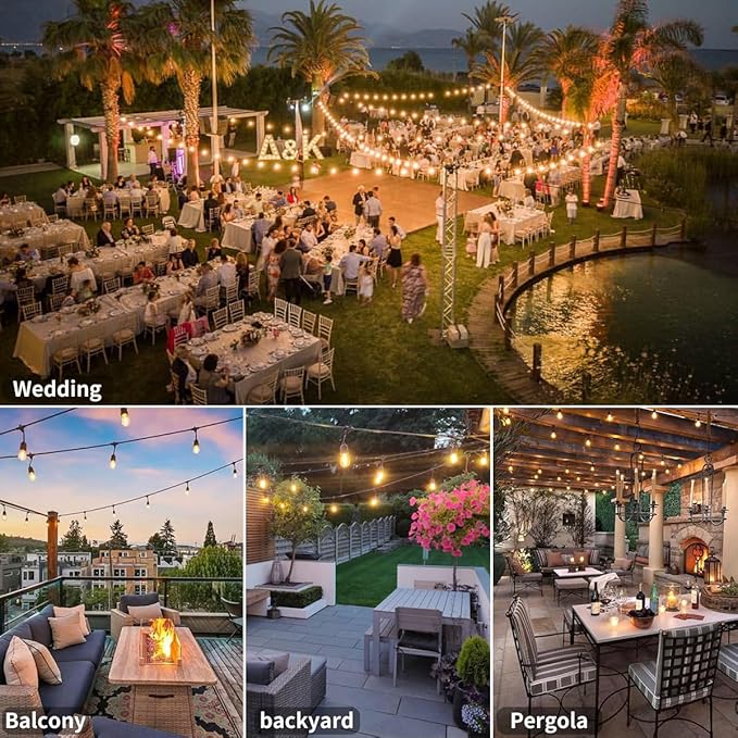 24 Feet Outdoor String Lights | IP65 Waterproof with 13 Shatterproof LED Bulbs | Warm White Patio Lights for Garden Cafe &amp Wedding - 5-Minute Tangle-Free Setup with Hooks