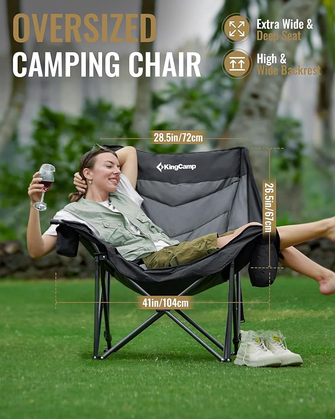 KingCamp Oversized XL Camping Chair Heavy Duty 500lbs Folding Couch for Adults Padded Large Comfortable Sofa Seat with Cooler Bag Cup Holder for Outdoor Sports Fishing Patio Lawn