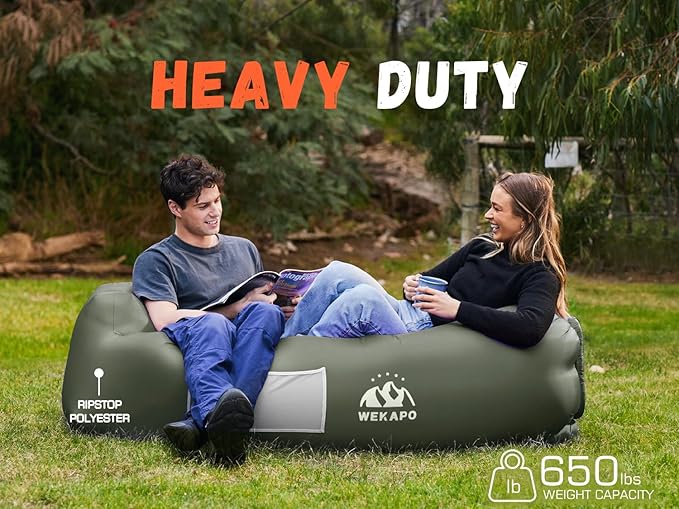 WEKAPO Inflatable Couch Air Lounger Chair - Camping &amp Beach Accessories Portable Blow up Sofa for Hiking Lawn Indoor/Outdoor Movies &amp Music Festivals. Lightweight and Easy to Set Up Air Ham