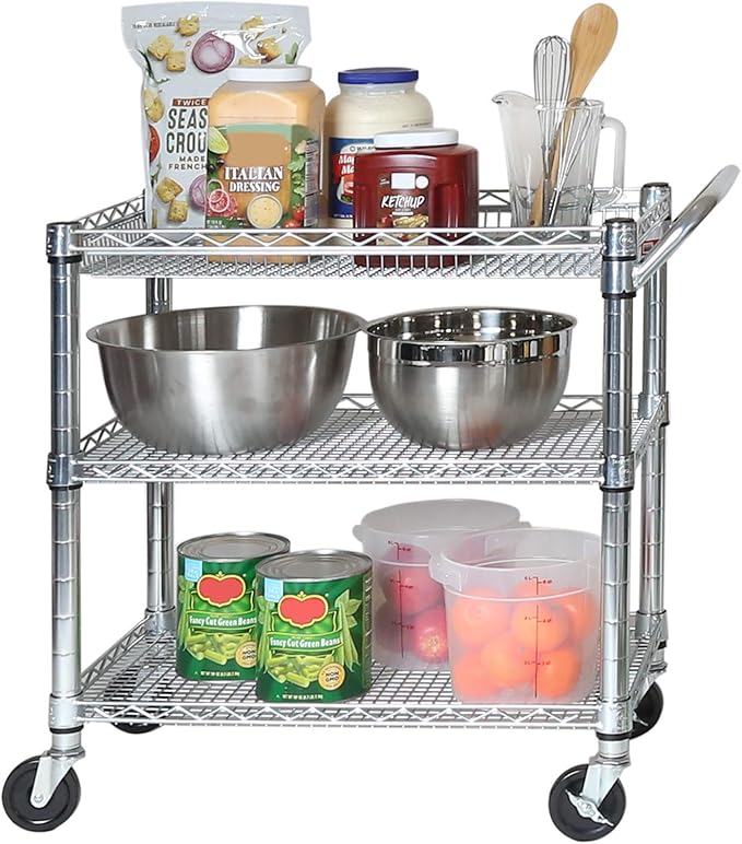 Seville Classics UltraDurable NSF Commercial Heavy Duty Metal Rolling Utility Cart Handle Bar for Restaurant Garage Warehouse Kitchen Office Deep Top Basket (34.8W x 18.25D)