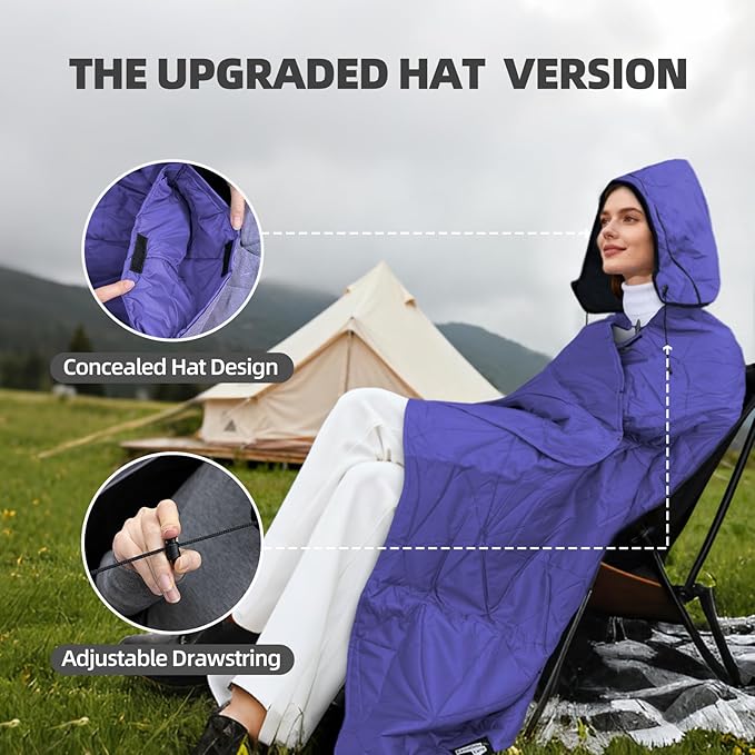 Large Outdoor Waterproof Blanket Extra Thick Fleece Stadium Blanket for Camping Car Pet Picnics - Windproof Wearable Machine Washable 80 x 58 (PurpleHooded)