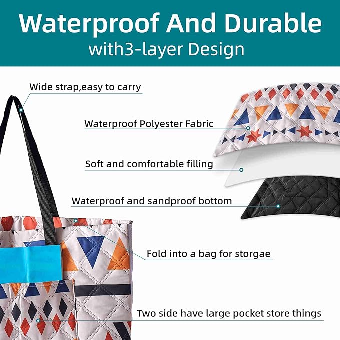 Outdoor Packable Picnic Blanket with Zipper Folds into Tote Bag with Large Storage and Shoulder Strap Waterproof Sandproof for Lawn Beach Hiking Camping (colorful1 Small)