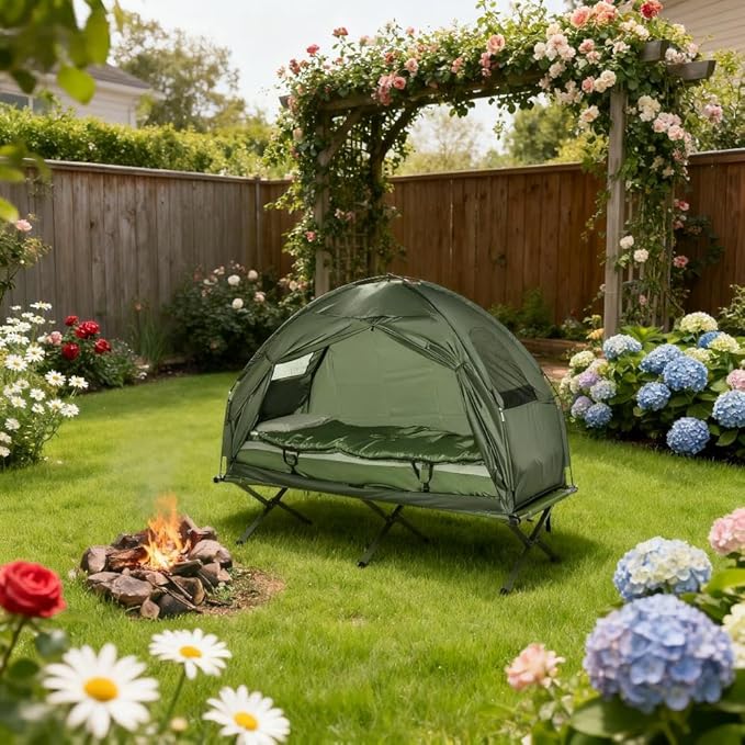 6-in-1 All-in-One Camping Tent with Cot and Air Mattress Portable Outdoor Sleeping System with Pump Pillow &amp Sleeping Bag Waterproof Elevated Camping Bed Combo for Adults and Travel