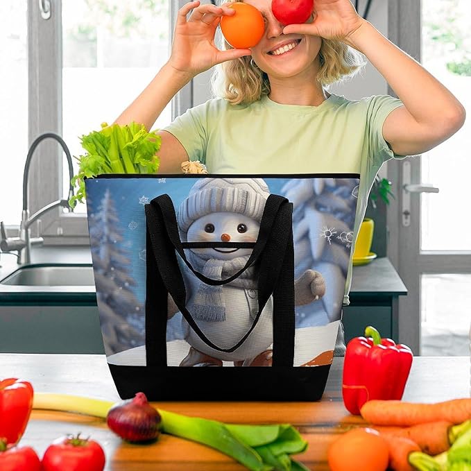 Insulated Shopping BagLarge Reusable Cooler Bags Cute Snowboard Snowman Printed Foldable Shopping BagTravel Waterproof Shoulder Bag