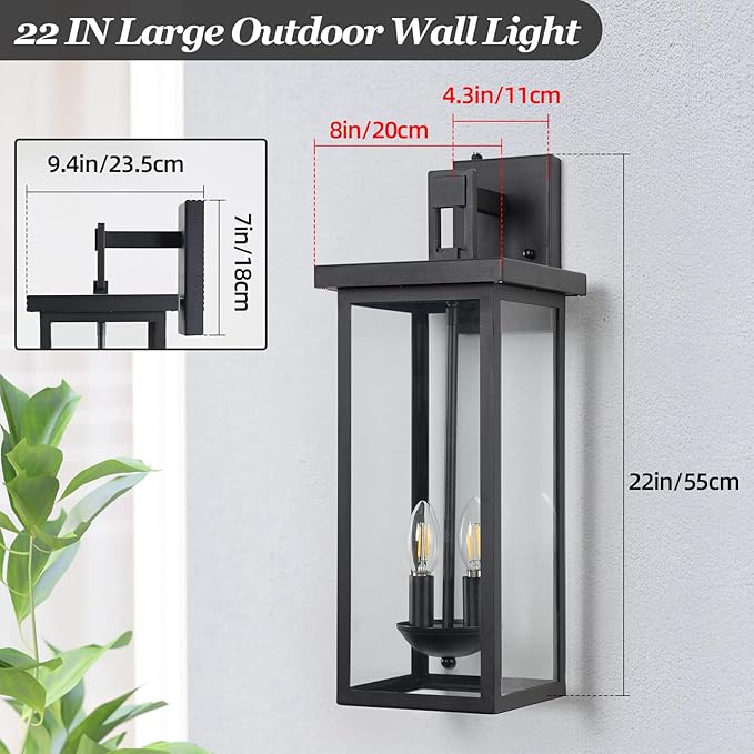 Large Exterior Lighting Fixtures Modern Wall LanternOutdoor Wall Lights with Clear Glass ShadeOutdoor Lamps for Patio PorchWaterproof Outside Exterior LightsDusk to Dawn 22IN-2 Packs