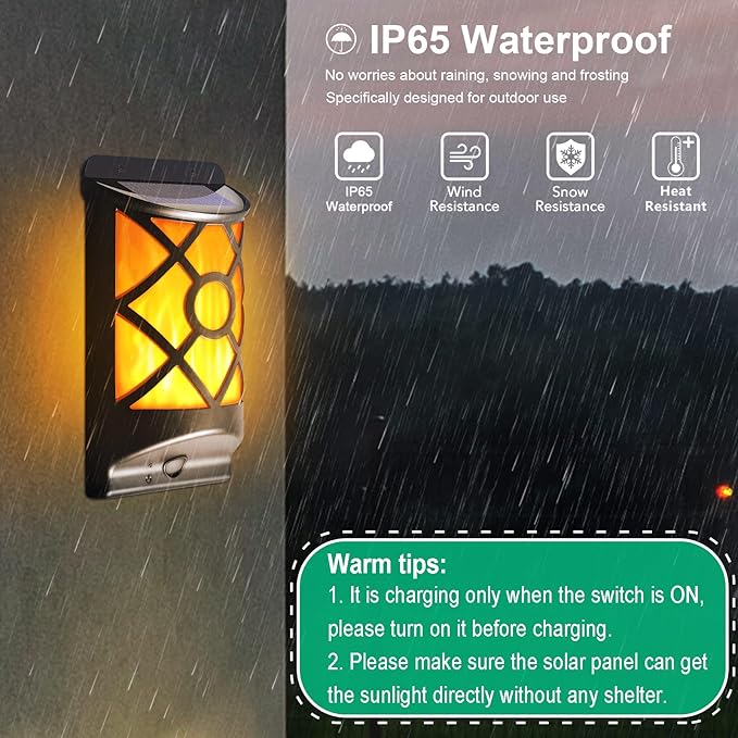 Solar Flame Lights Outdoor - Waterproof Wall Lanterns with Realistic 3D Flickering Flames 66 Ultra Bright LED Fire Effect Light - Garden Decor for Patio Fence Deck - Auto On/Off (4 Pack)