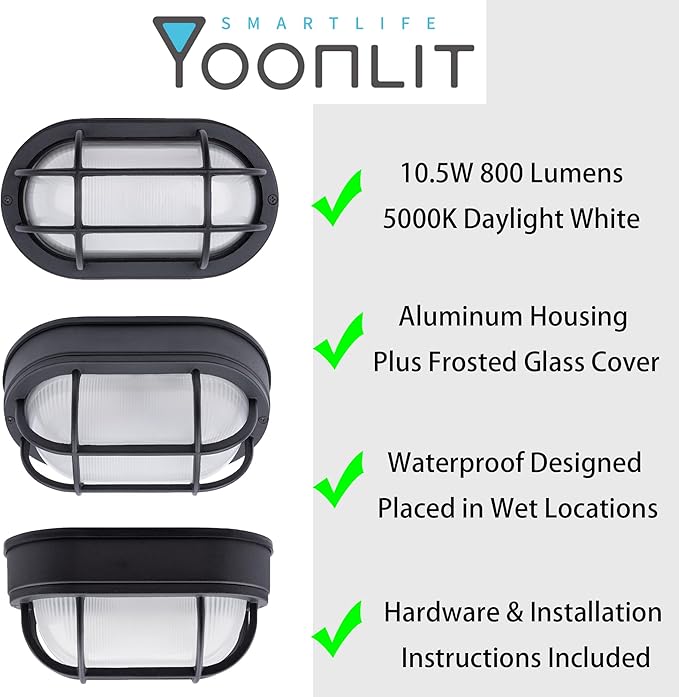 YoonLIT 8.5 inch Outdoor LED Bulkhead Light Fixture Wall or Ceiling Flush Mount Waterproof for Porch Basement Hallway Balcony 10.5W 800 Lumens 5000K Matte Black Finish 1-Pack