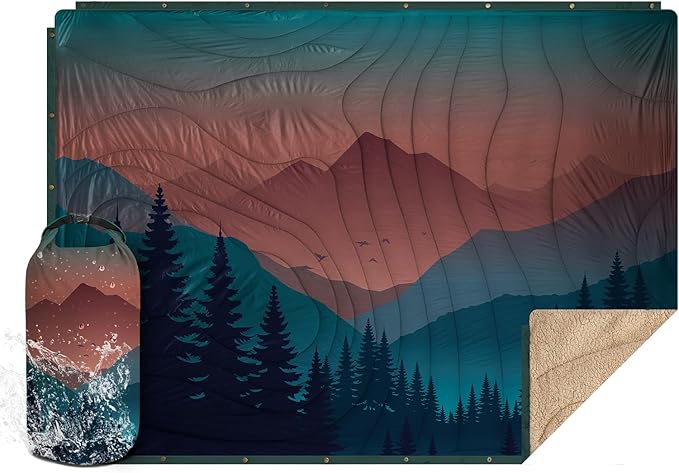 Outdoor Camping Blanket - Puffy Camping Blanket PackableSherpa Fleece Warm Blanket for Camping Outdoors Travel Stadium Festivals Beach Hammock 56x 78 Machine Washable DWR Lightweight