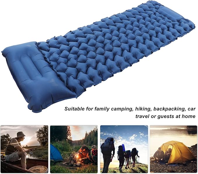 Camping Sleeping Pad Navy Blue Lightweight Moistureproof Inflatable Double Mattress with Storage for Outdoor Adventures