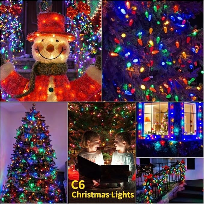 50LED C6 Christmas Lights Battery Operated 16.4FT C6 Christmas Lights Battery Powered with Timer 8 Modes Waterproof for Outdoor Garden Patio Indoor Xmas Tree Bedroom Party Multi-Color