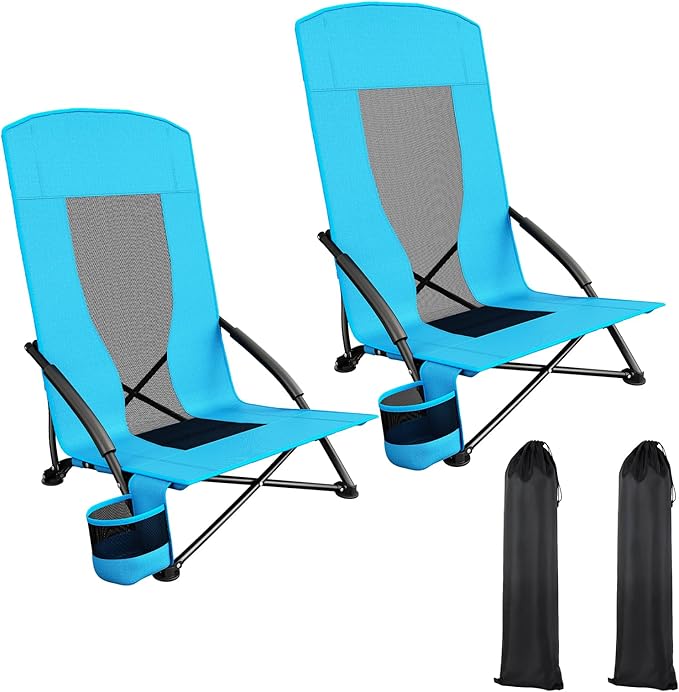 TLSUNNY 28.5″ High Back Folding Beach Chair for Adults W/Carry Bag Portable Low Beach Chair W/Mesh Back &amp Padded Armrest Cup Holder for Camping Outdoor Travel 2pack 350LBS (Blue)