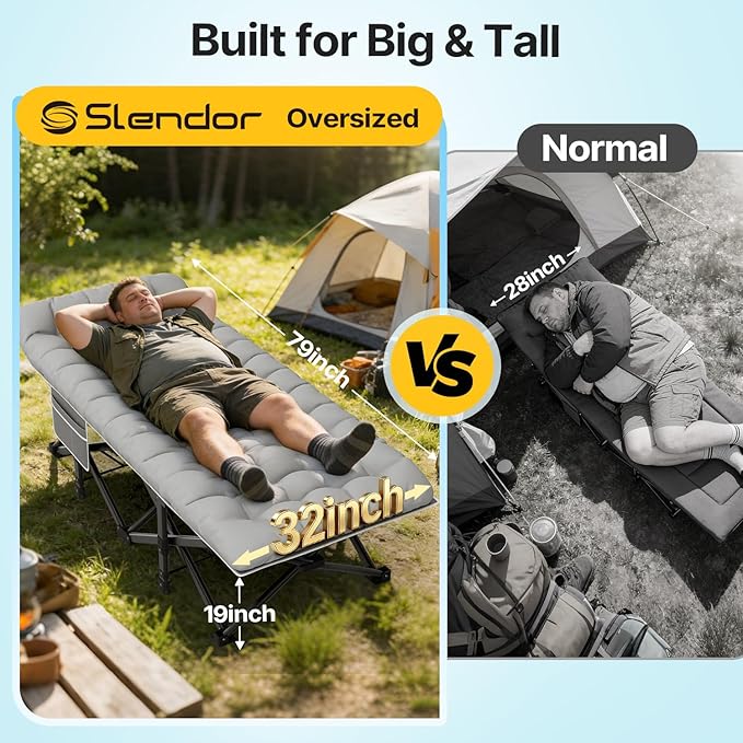 Slendor XXL Folding Camping Cot for Adults with Mattress Pillow Carry Bag 32 inch Extra Wide Portable Sleeping Cot 900LBS Support Outdoor Cot Bed for Office Nap Beach Travel RV