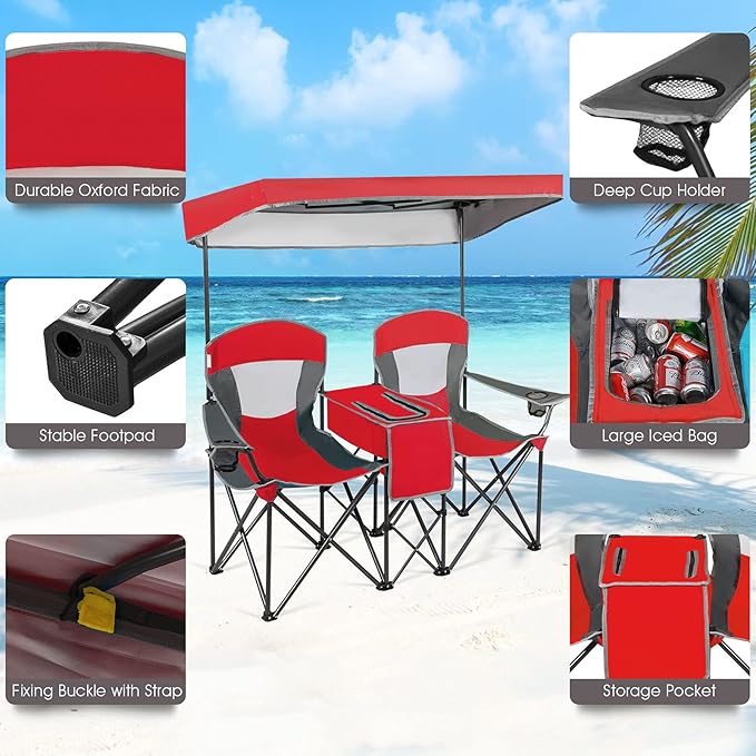 GYMAX Double Camping Chair Beach Chair with Canopy Shade Adjustable UV Protection Cooler Cup Holder &amp Carry Bag Folding Portable Lawn Soccer Camp Chair with Umbrella for Adults (Red 2 Person