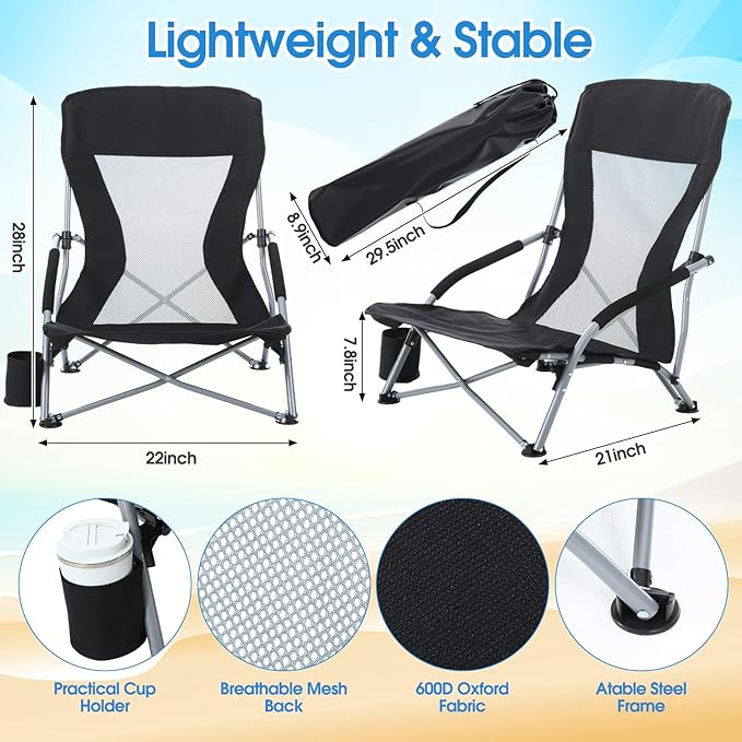 Huwena 2 Pack Beach Chair for Adult with 2 Umbrella Low Folding Chair Detachable Adjustable Lightweight with Armrests Cup Holder Carry Bag Portable for Sand Camping Travel Outdoor Pool(Black)