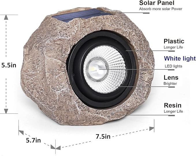 2 Pack Solar Rock Lights Outdoor Angle Adjustable Solar Lights Outdoor Waterproof LED Solar Garden Lights Auto On/Off Landscape Lighting for Yard Pathway Patio Flower Bed - White Glow (Stone Brown)