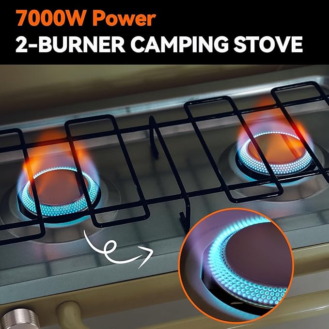 ONLYFIRE OUTDOOR LIVING Portable Camping stove 2-Burner Propane Gas Stove with Foldable Legs Camp Stove for Camping Patio Backyard Picnic Tailgating RV BBQ GS331 Off-white