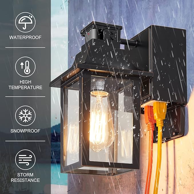 Porch Lights with GFCI OutletDusk to Dawn Motion Sensor Outdoor Lights3 Light Modes Black Front Door LightsWaterproof Outside Wall sconces for House Patio Garage (2 Pack)
