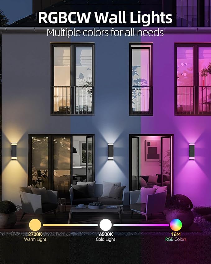 Smart Outdoor RGB Wall Lights 2 Pack Wi-Fi &amp App Control Color Changing Up and Down Wall Sconce with Remote Dusk to Dawn Waterproof Exterior Lighting Fixtures Works with Alexa Google Assistant