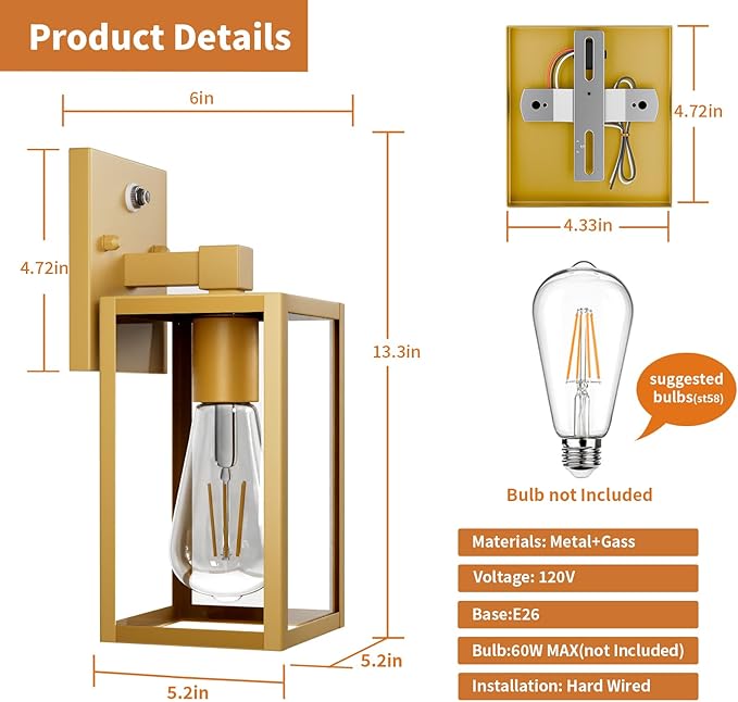 2 Pack Gold Dusk to Dawn Outdoor Front Porch Light Fixtures Wall Mount Sensor Exterior Lantern Lamp Outside Lights for House Waterproof Wall Sconce Anti Rust Coach Light for Garage Entryway