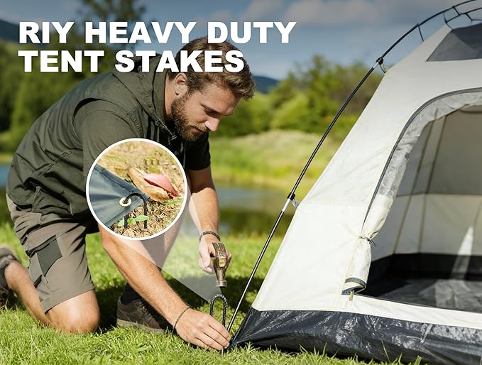 RIY Tent Stakes Heavy Duty High Wind Ground Anchors 12 Inch Galvanized Steel Rebar Stakes for Tent Dog Fence Trampoline Yard Decorations U Shaped 16 Pack Black