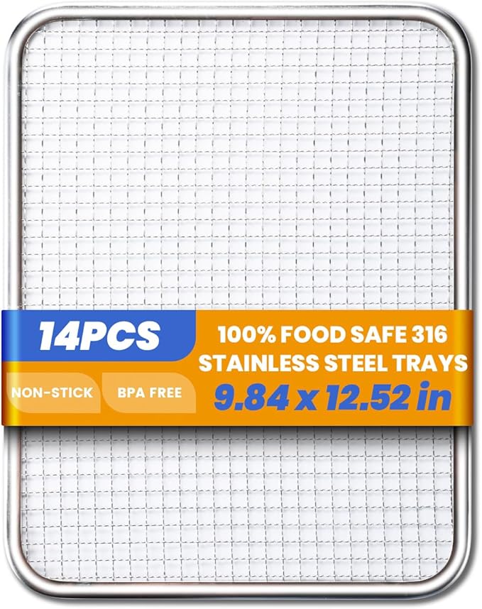 316 14pcs Stainless Steel Commercial Dehydrator Tray 9.84 * 12.52in Food Dehydrator Trays 14 Pack Fruit Dryer Trays BPA-Free Food Dryer Accessories