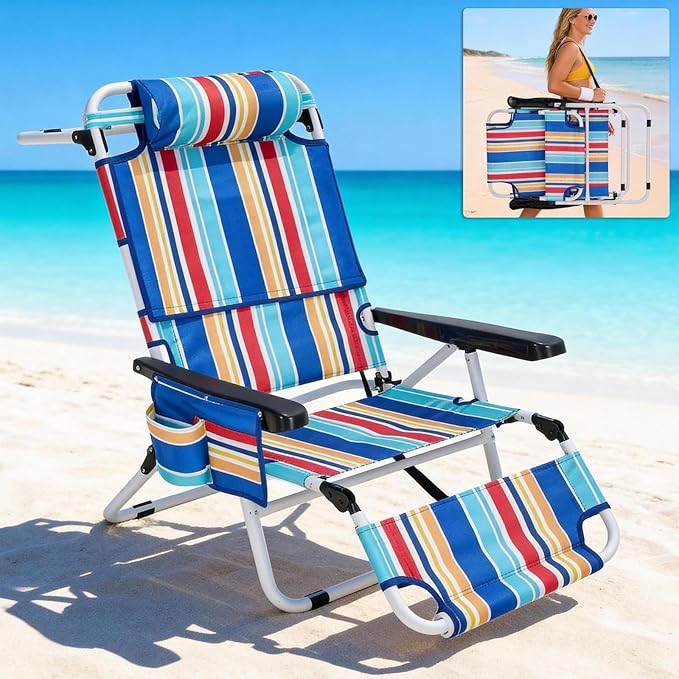 MOPHOTO 3 in 1 Beach Chairs Heavy Duty Beach Tanning Chair for Adults Lay Flat Recliner with 5-Position Adjustable Backrest Folding Outdoor Chair for Beach Pool Patio Camping