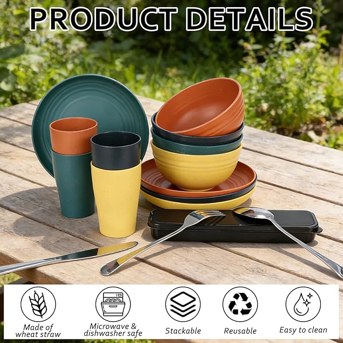 32-Piece Wheat Straw Dinnerware Set Unbreakable Portable Camping Mess Kit with Plates &amp Bowls Dishwasher &amp Microwave Safe for Family Picnics &amp Travel (Colorful)