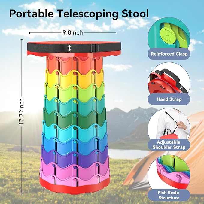 Upgraded Collapsible Stool Portable Folding Stool Telescoping Camping Chair with Max Load Capacity 485lbs Square Retractable Stool for Camping Gardening Fishing Hiking BBQ [Rainbow+Red]