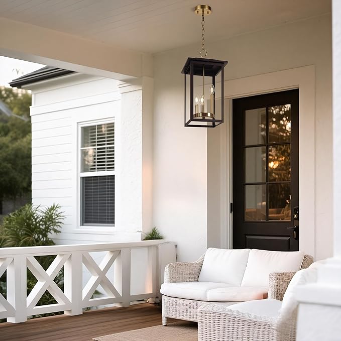 LamQee Large Outdoor Pendant Lights 3-Lights Black and Gold Outdoor Chandelier Lighting Fixture Modern Exterior Ceiling Hanging Lantern with Glass for Porch Front Door Patio Gazebo Entryway Foyer