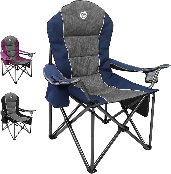 Northroad Oversized Portable Camping Chair Full Padded Outdoor Folding Chair Support 350 LBS Heavy Duty Lawn Chair with Cup Holder Cooler Bag Lumbar Support Head Pocket for Adult-Blue