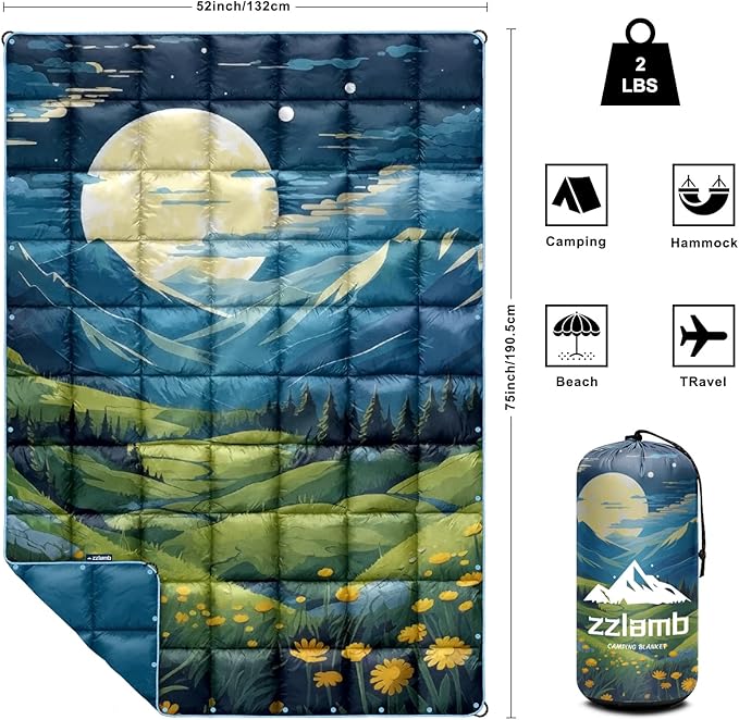 zzlamb Camping Blanket for Cold WeatherOutdoor Puffy Blanket Portable Down AlternativeWindproof Warm Cloak with SnapsCozy Quilt Backpacking Picnic RV Travel Plane Car Hammock Beach Climbing