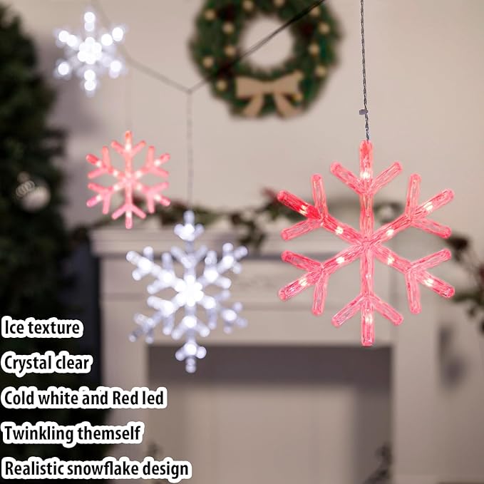Christmas Snowflake Icicle Lights-9ft 150LED Twinkling Christmas Lights with Timer Waterproof Connectable Hanging 10 Drop for Eave Window Porch Xmas Indoor Outdoor Decoration (Red and White)