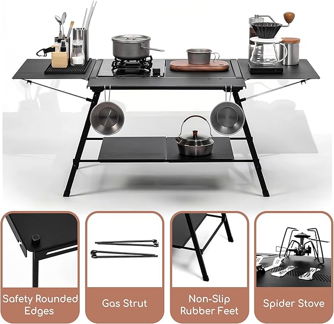 Portable Outdoor Camping Table with Extension Boards Spider Stove and 2 Shelves Foldable Grill Table for Beach BBQ Picnic