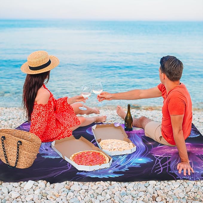 Waterproof Sandproof Beach Blanket 59''×68'' Oceans Polyester Outdoor Picnic Blanket with 4 Stakes &amp Storage Bag for BeachCampingVacation Medusa