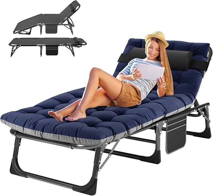 ABORON 5 Positions Camping Cots for AdultsOutdoor Folding Sleeping Cot/MatFolding Chaise Lounge Chair with PillowPortable Reclining Chair for Beach Lawn Camping PoolSunbathing Chairs