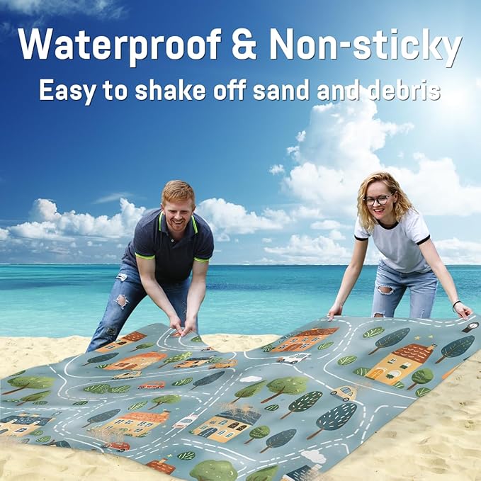 Waterproof Sandproof Beach Blanket 59''×68'' Landscape Polyester Outdoor Picnic Blanket with 4 Stakes &amp Storage Bag for BeachCampingVacation Map
