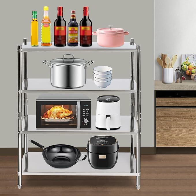 Stainless Steel Shelving 4 Tier Utility Bakers Racks Adjustable Shelf Storage Heavy Duty Shelving for Kitchen Commercial Office Garage Storage Laundry Room Organization (4-Tier 47*18.5*60in)