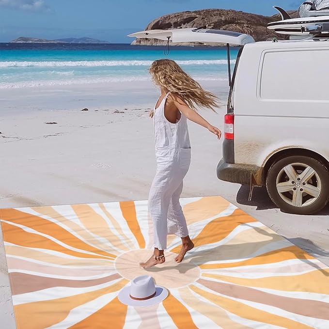 Waterproof Sandproof Beach Blanket 9 Ft X 10 Ft Extra Large Beach Mat for 8 Adults Lightweight Polyester Outdoor Picnic Blanket for Travel Hiking Camping Beach Accessories for Vacation