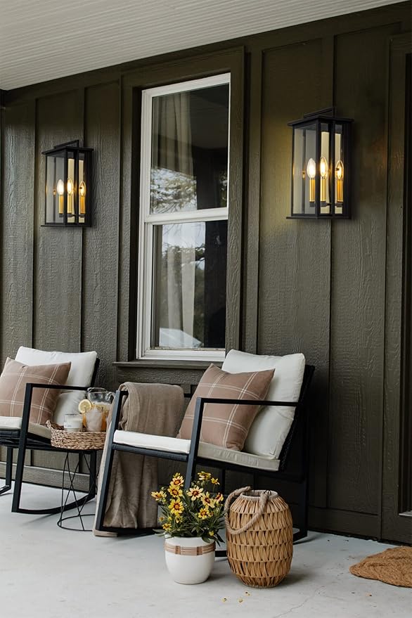 Outdoor Wall Lights with Clear Glass Black Exterior Porch Lights Wall Mount Outdoor Wall Sconce with Gold Candelabra Interior Wall Lantern Patio Light Fixture for House Entryway Garage