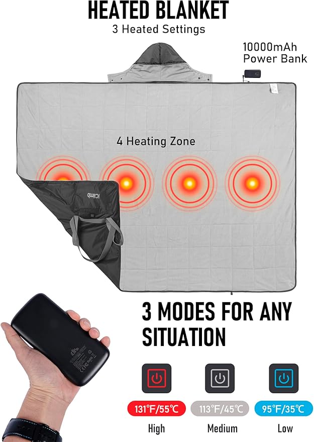 iClimb Heated Waterproof Camping Stadium Blanket with Hood and 5V 10000mAh Battery Pack All Season Outdoor Indoor (Blue)