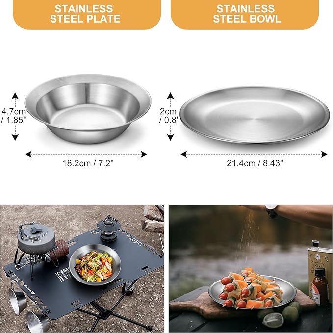 Odoland Stainless Steel Camping Mess Kit for Family &amp Person Cooking Tableware Utensils with Plates Bowls Forks Spoons Knives &amp Savings Bag for Camping Backpacking Hiking Picnic