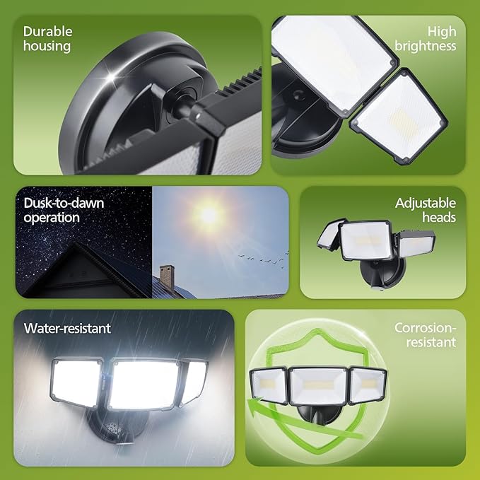 Philips 72W 7400LM LED Flood Lights Outdoor Dusk to Dawn Aluminum Security Lights 3 Adjustable Heads Wall Mount 5000K Daylight Waterproof for Yard Garage