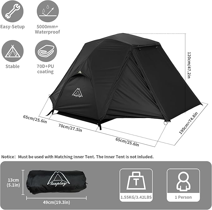 TENPLAY 1-Person Cot Tent FlysheetMust be Used with Matching Inner Tent LightweightWaterproof Sun ProtectionNylon Easy SetupExpandable Rainfly for Camping Hiking Backpacking Picnics