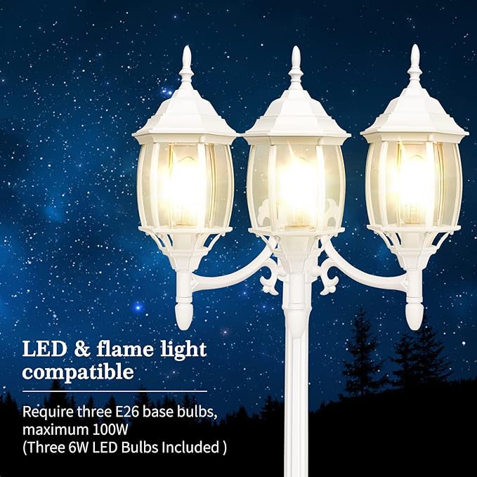 Dusk to Dawn Sensor Outdoor Lamp Post Light 3-Head Classic White Light Pole with Clear Glass Panels (3 LED Bulbs Included Max.100W) Waterproof Outside Street Light for Backyard Garden Driveway